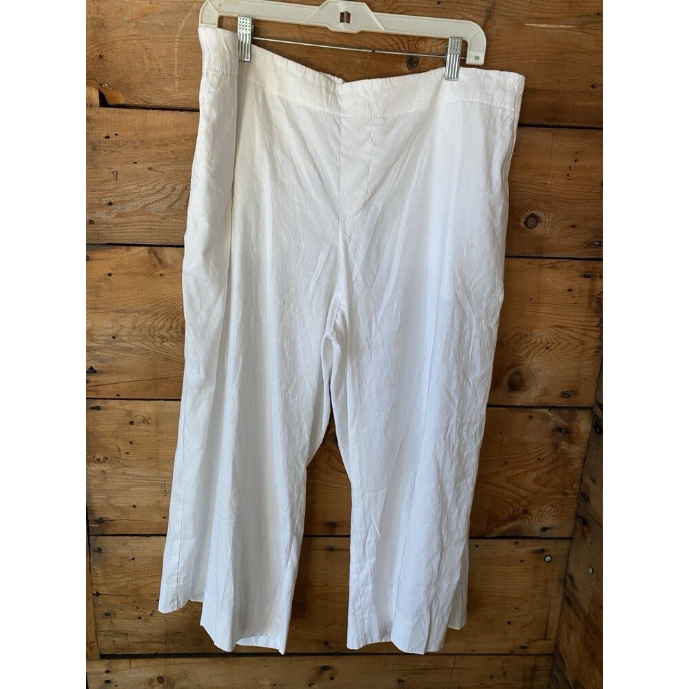Lands’ End Capri Pants Women’s 16 White Wide Leg Elastic Waist Pockets Linen